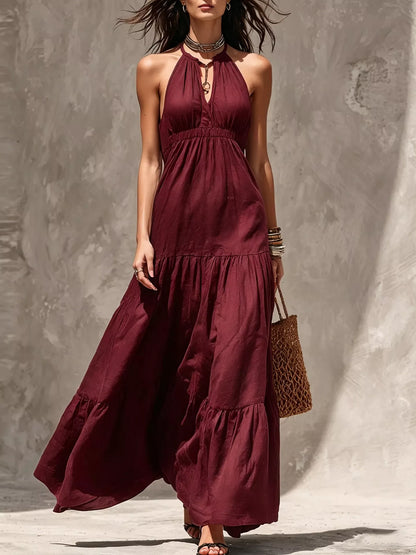 Sleeveless Tiered Smocked Maxi Dress in Burgundy
