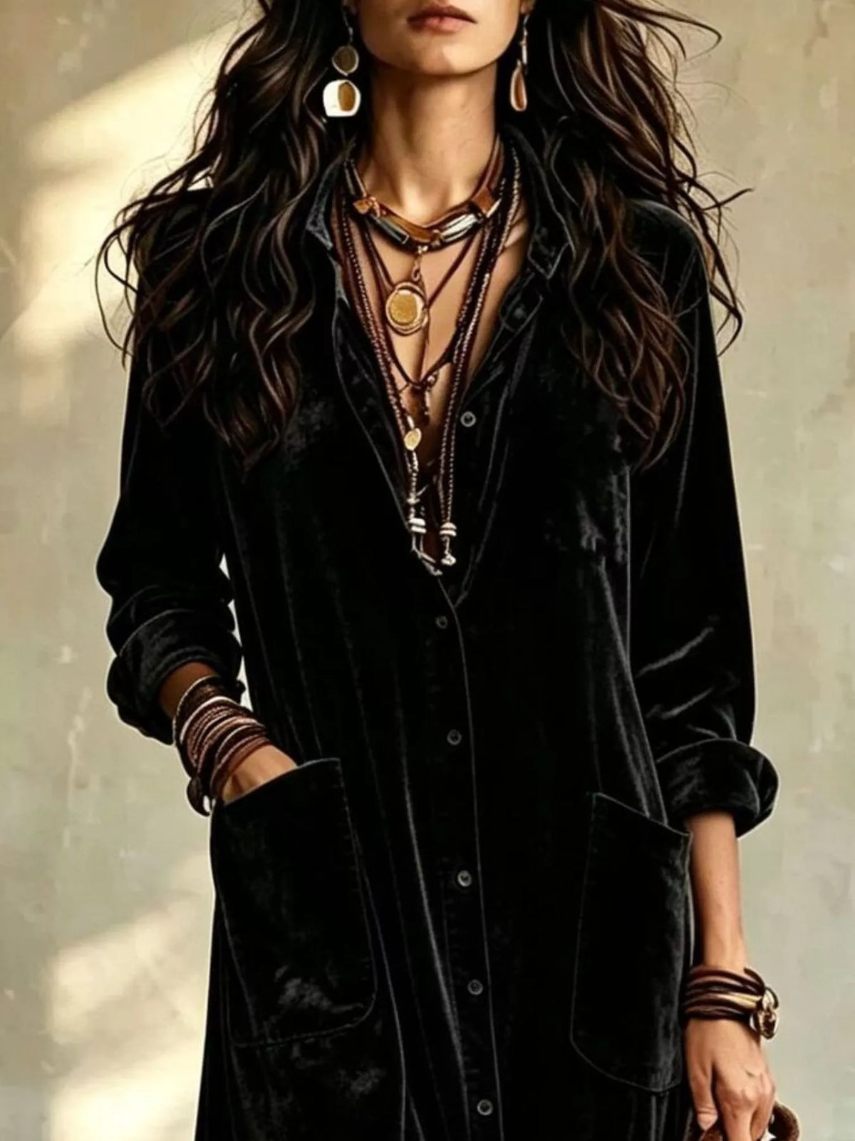 Velvet Button-Down Maxi Dress with Pockets – photo 5