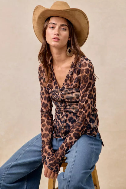 Leopard Printed Mesh Shirt With Button Up V Neck – photo 6