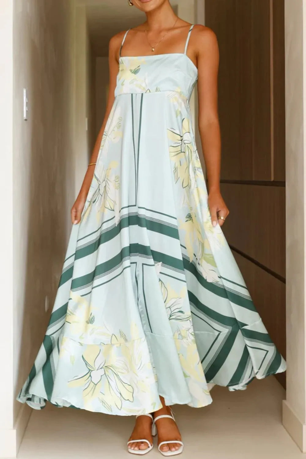 Printed Square Neck Cami Maxi Dress with Slit and Tie – photo 11