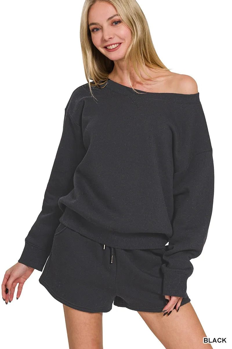Fleece Boat Neck Sweatshirt and Shorts Set in BLACK