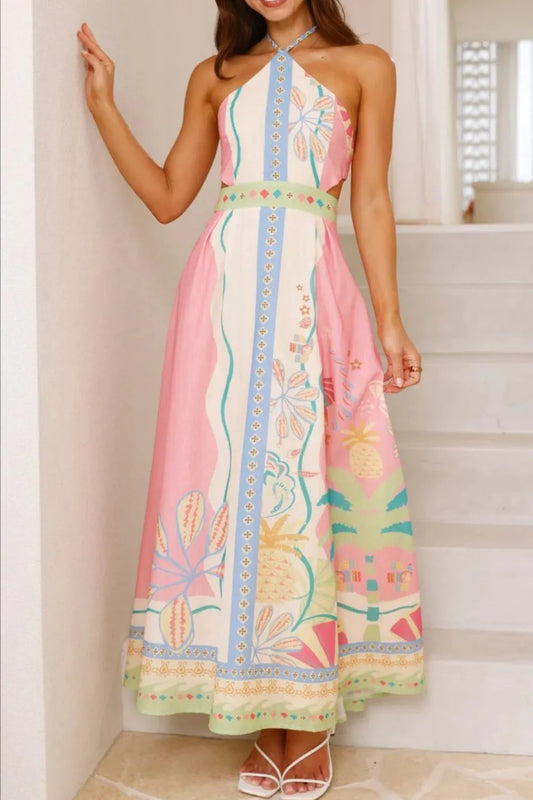 Printed Linen Blend Halter Neck Cutout Maxi Dress