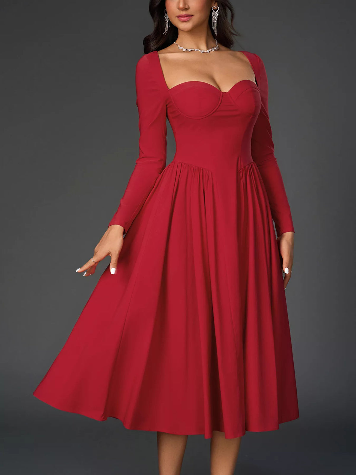 Sweetheart Neckline Long Sleeve A-Line Midi Dress