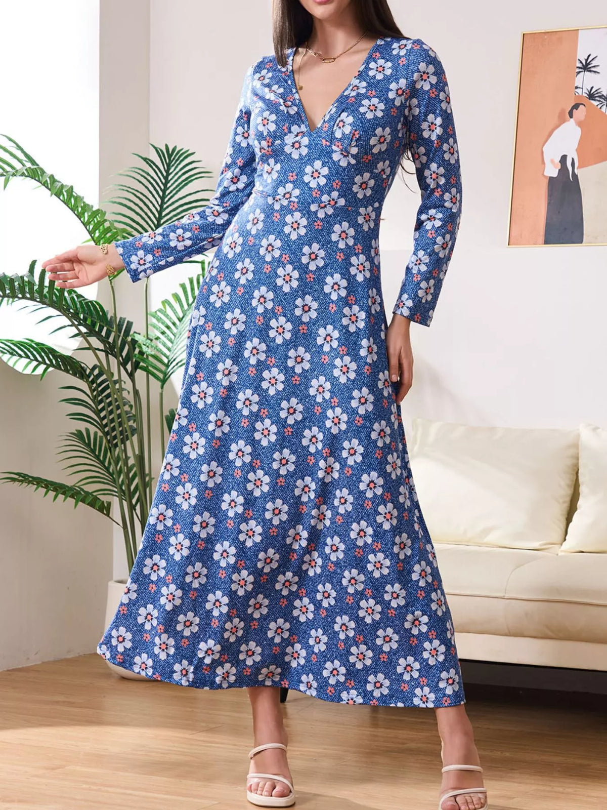 Floral Print V-Neck Long Sleeve Midi Dress – photo 7