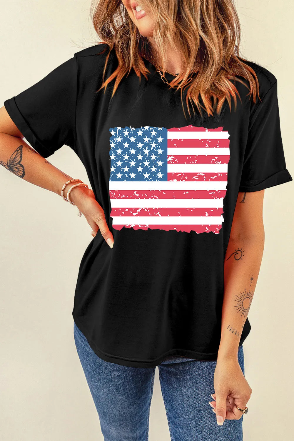 US Flag Round Neck Short Sleeve T-Shirt back view — Livostyle