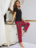 Heart Graphic V-Neck Top and Plaid Pants Lounge Set — Livostyle