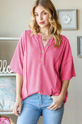 Stylish Ribbed Drop Shoulder Top with Half Button Detail — Livostyle