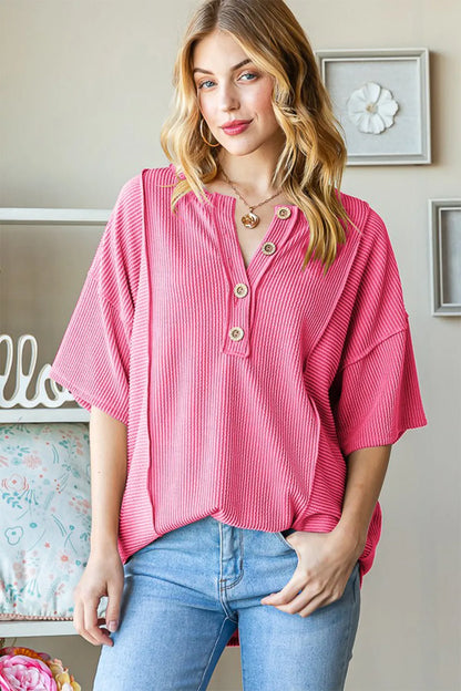 Stylish Ribbed Drop Shoulder Top with Half Button Detail — Livostyle