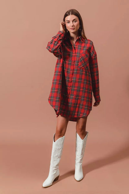 Christmas Checker Plaid Button Up Shirt Dress – photo 10