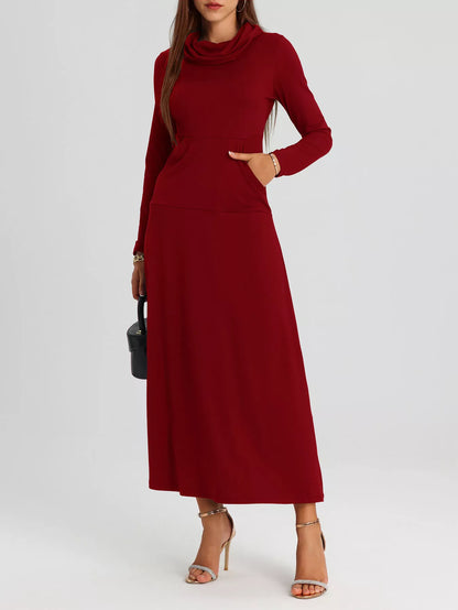 Cowl Neck Long Sleeve Midi Dress with Pockets in Burgundy