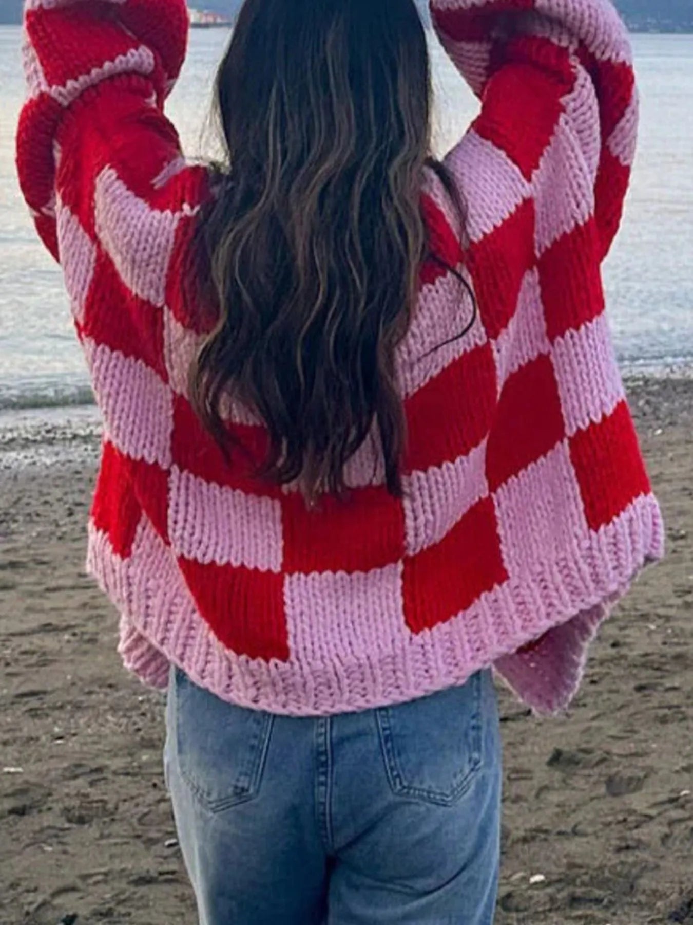 Checkered Open Front Long Sleeve Cardigan back view — Livostyle