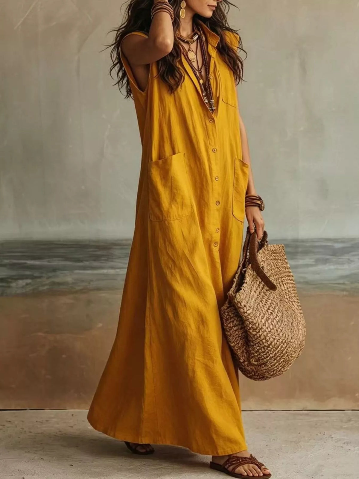Sleeveless Button-Down Maxi Dress with Pockets – photo 2