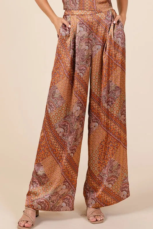Paisley Patchwork Print Satin Wide Leg Pants — Livostyle