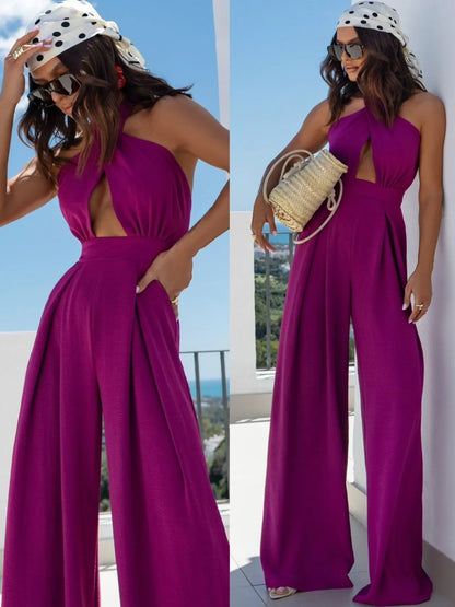 Wide Leg Cutout Halter Neck Jumpsuit — Livostyle