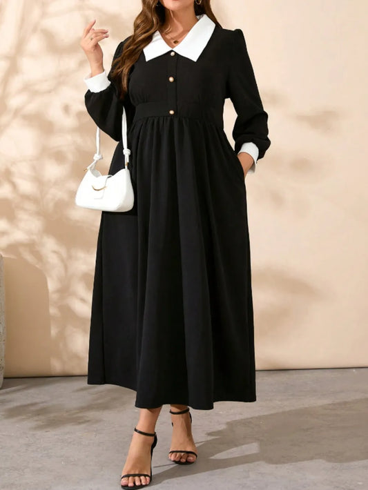 Contrast Collared Neck Long Sleeve Midi Dress – Plus Size in Black