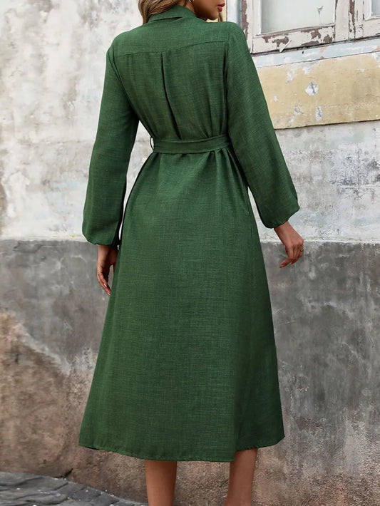 Collared Long Sleeve Midi Shirt Dress with Pockets