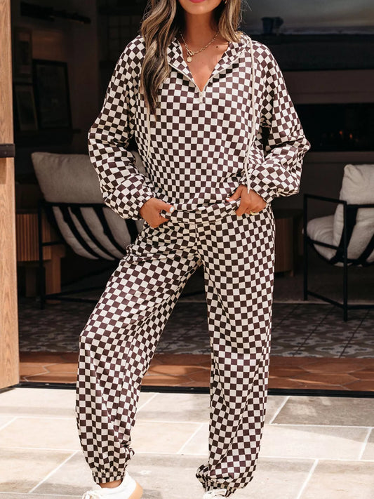 Checkered Drawstring Hoodie and Pants Set — Livostyle