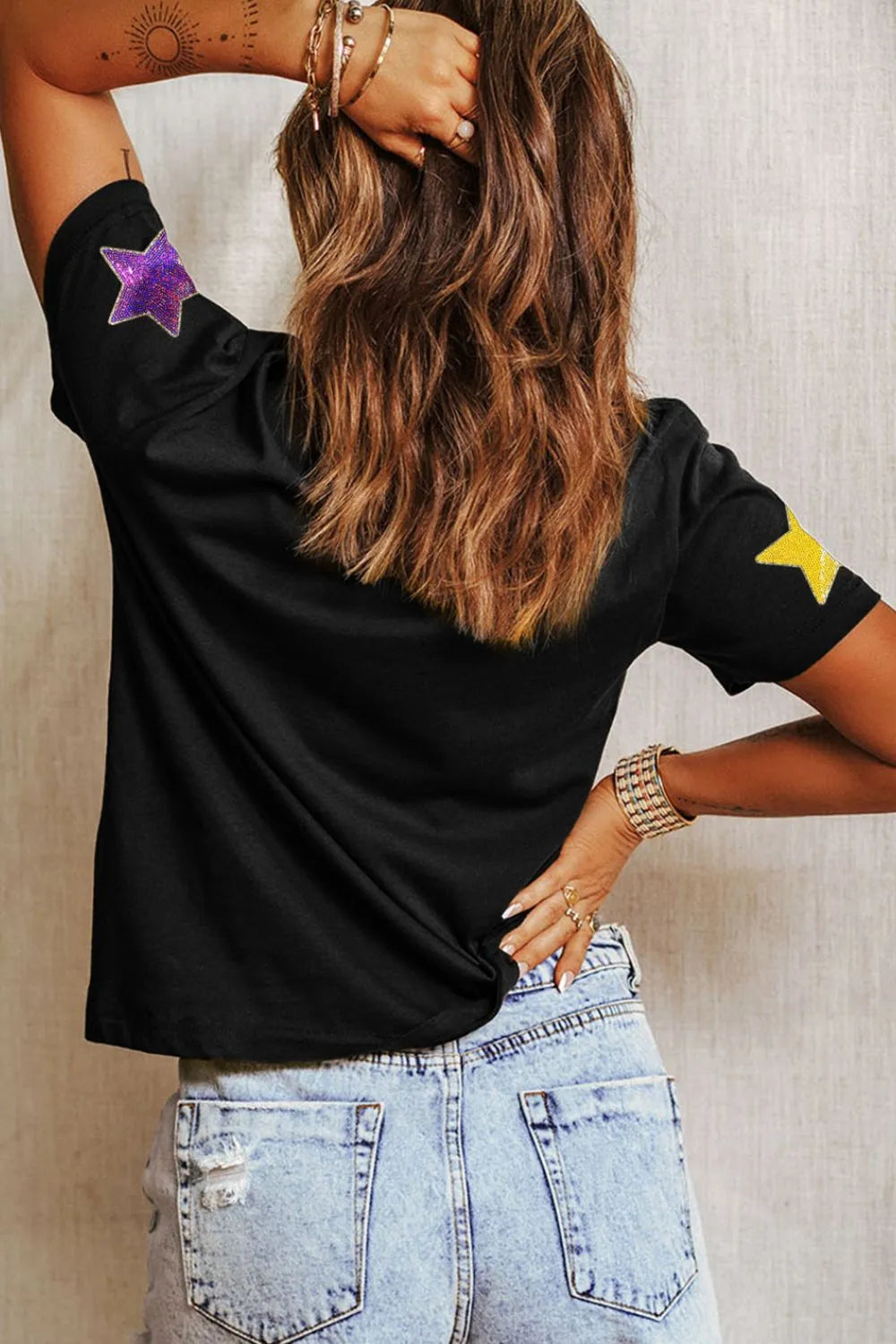 Sequin Stars Patched Round Neck T-Shirt back view — Livostyle