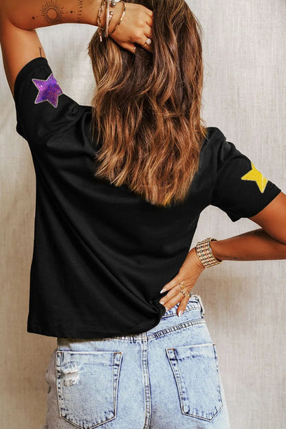 Sequin Stars Patched Round Neck T-Shirt back view — Livostyle