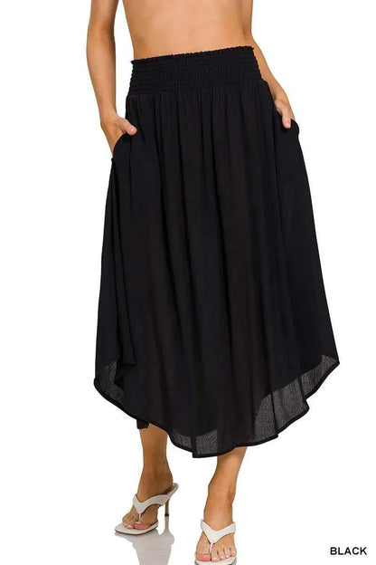Woven Crinkle Smocked Waist Maxi Skirt W Pockets — Livostyle