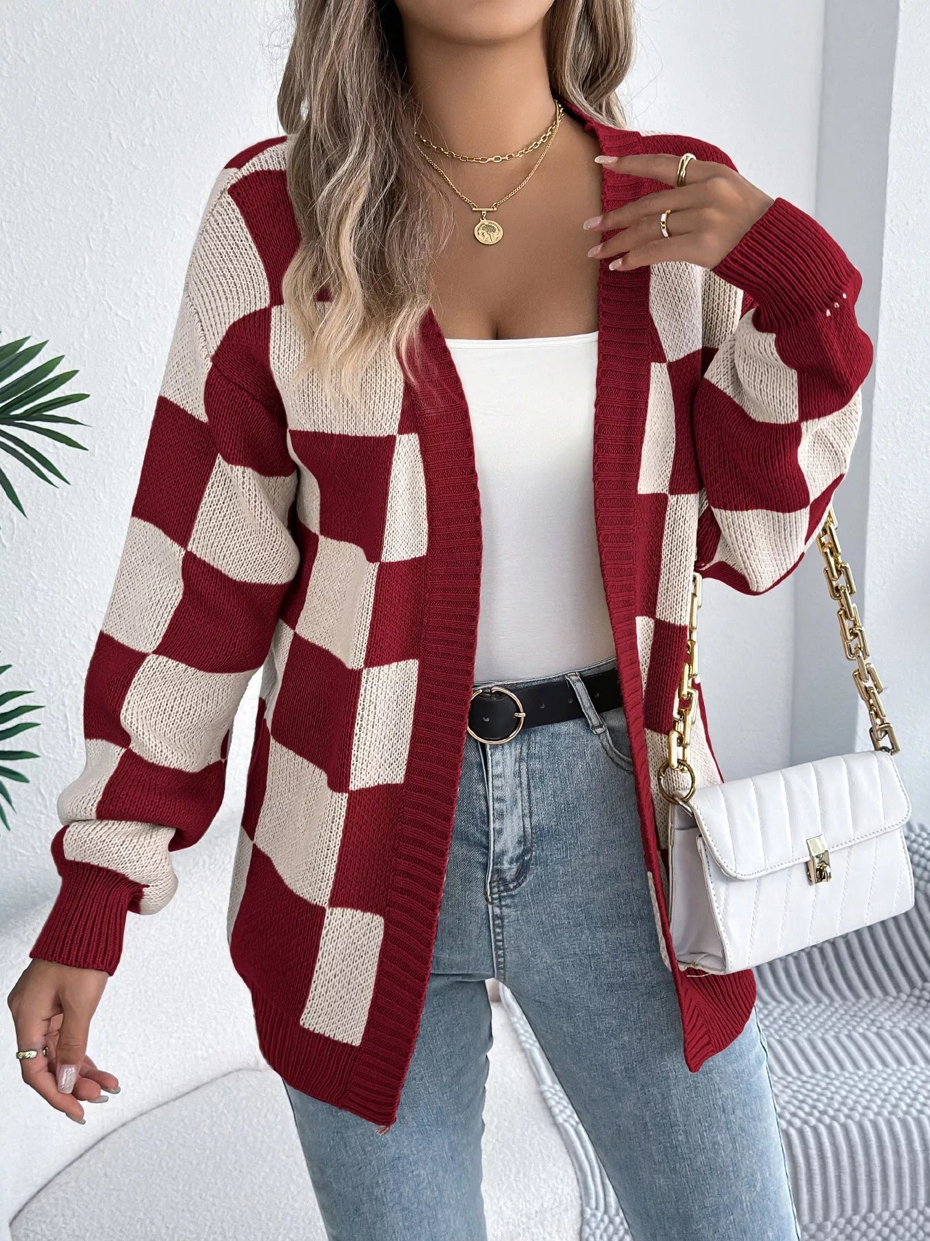 Checkered Pattern Open Front Cardigan — Livostyle