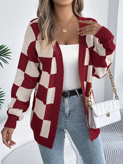 Checkered Pattern Open Front Cardigan — Livostyle