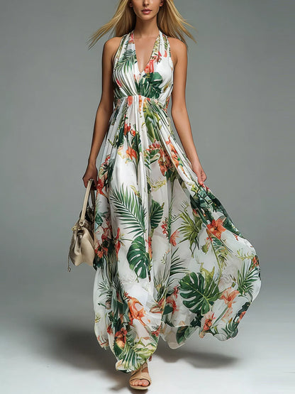 Halter Neck Printed Flowy Maxi Dress with Ruched Detail in Green