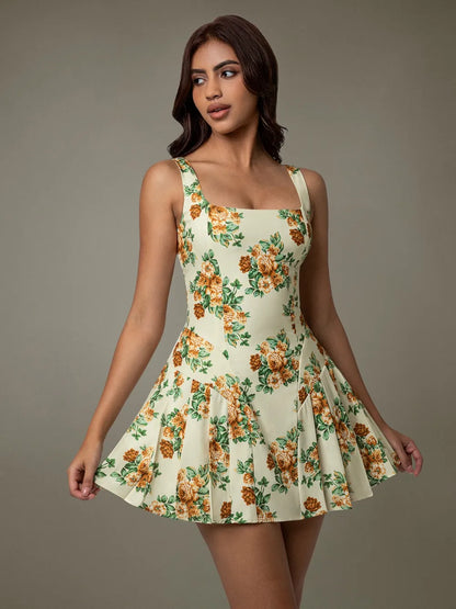 Elegant Floral Print Pleated Mini Dress with Stretch — Livostyle