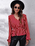 Plaid V-Neck Balloon Sleeve Peplum Blouse — Livostyle