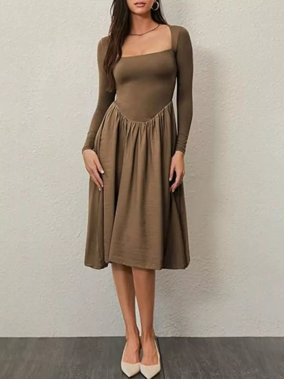 Square Neck Long Sleeve Midi Dress in Cotton Blend in Brown