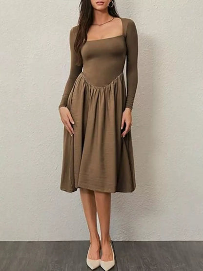 Square Neck Long Sleeve Midi Dress in Cotton Blend in Brown