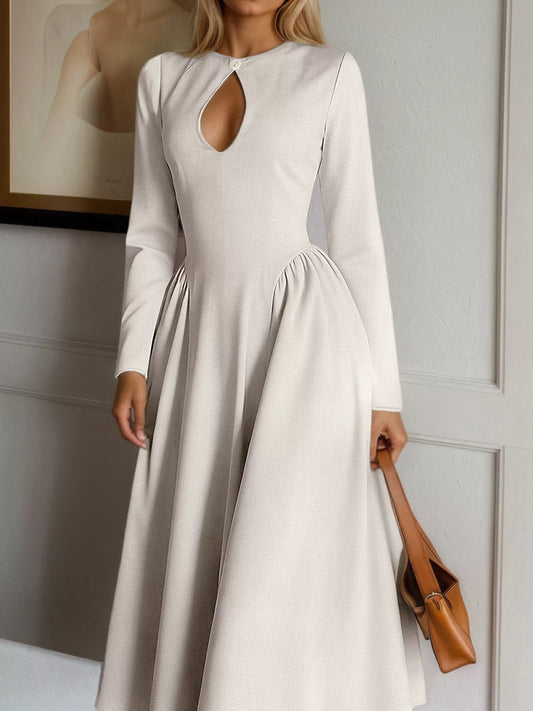 Keyhole Long Sleeve Midi Dress with Buttons