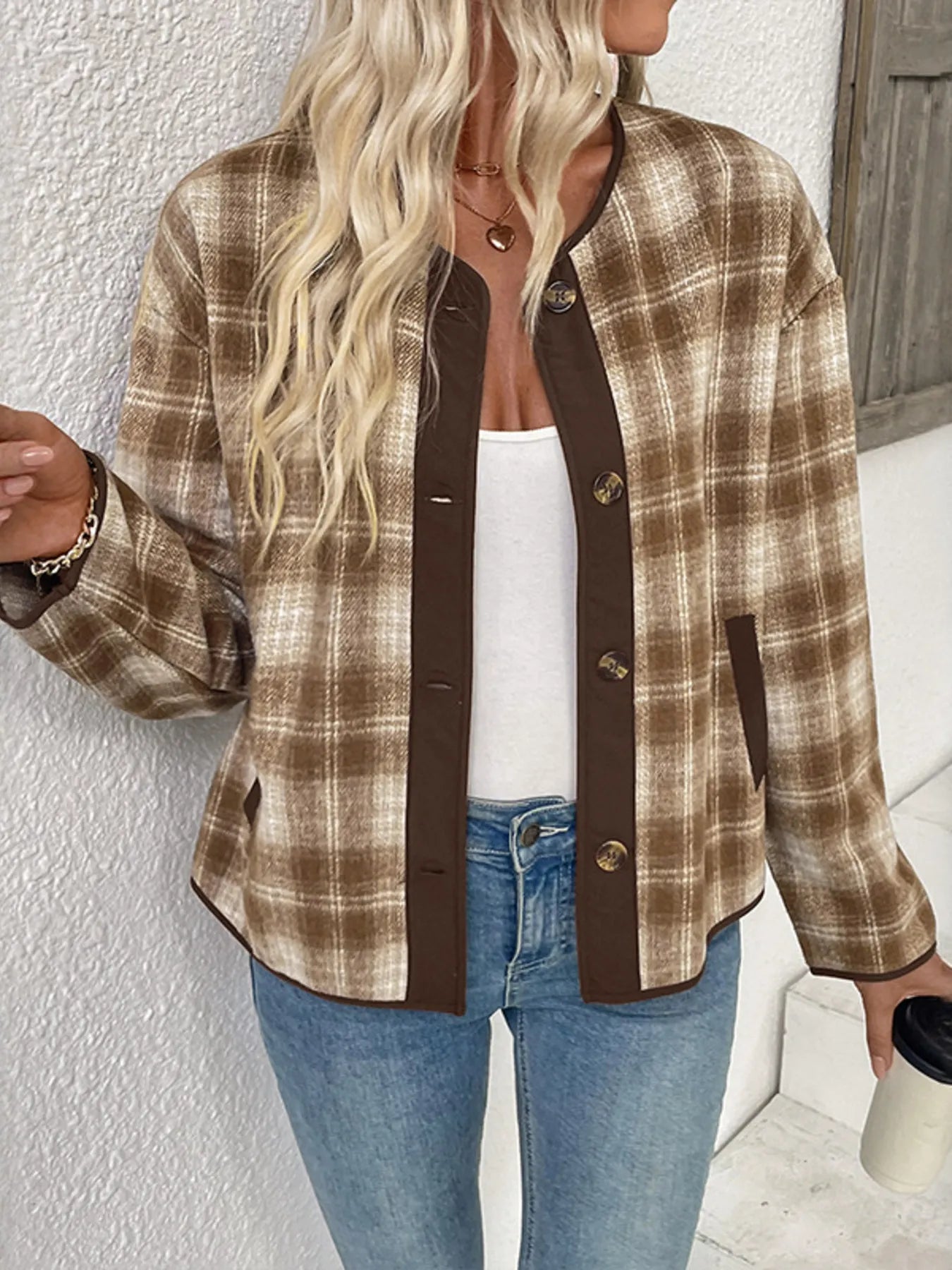 Plaid Long Sleeve Button-Up Jacket back view — Livostyle