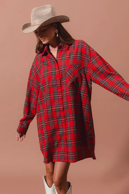 Christmas Checker Plaid Button Up Shirt Dress