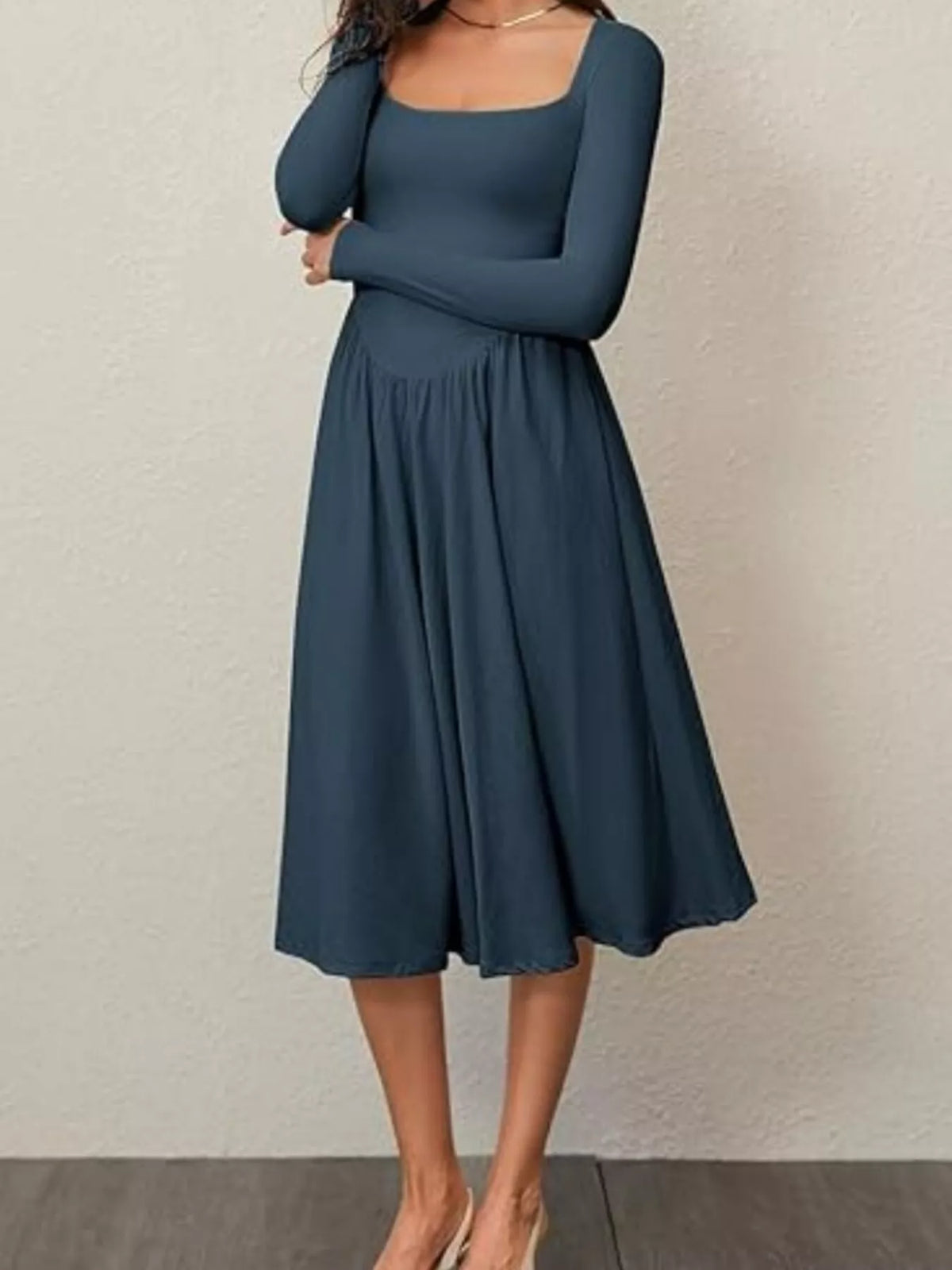 Square Neck Long Sleeve Midi Dress in Cotton Blend – photo 11