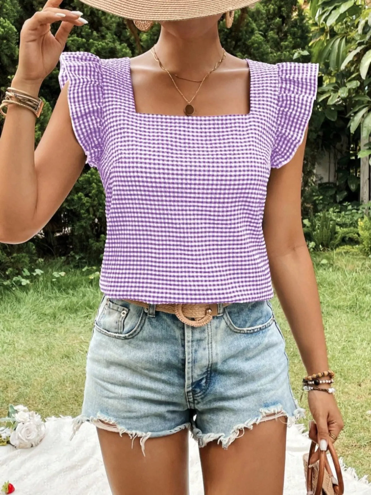 Gingham Ruffle Sleeve Square Neck Blouse – photo 18