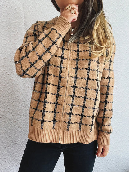 Plaid Pattern Zip Up Cardigan styling — Livostyle