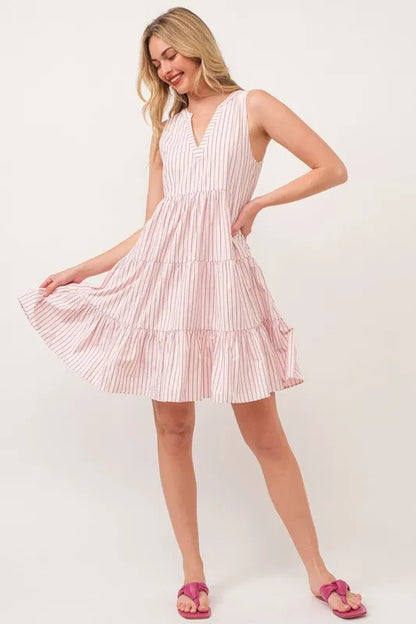 Striped Sleeveless V-Neck Tiered Dress — Livostyle