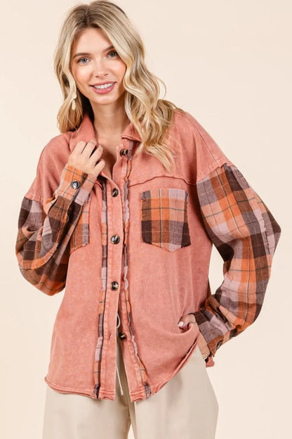 Button Down Contrast Plaid Patchwork Shacket — Livostyle