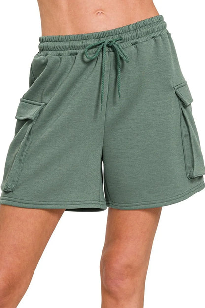 Scuba Drawstring Shorts with Thigh Pockets in Dk Forest