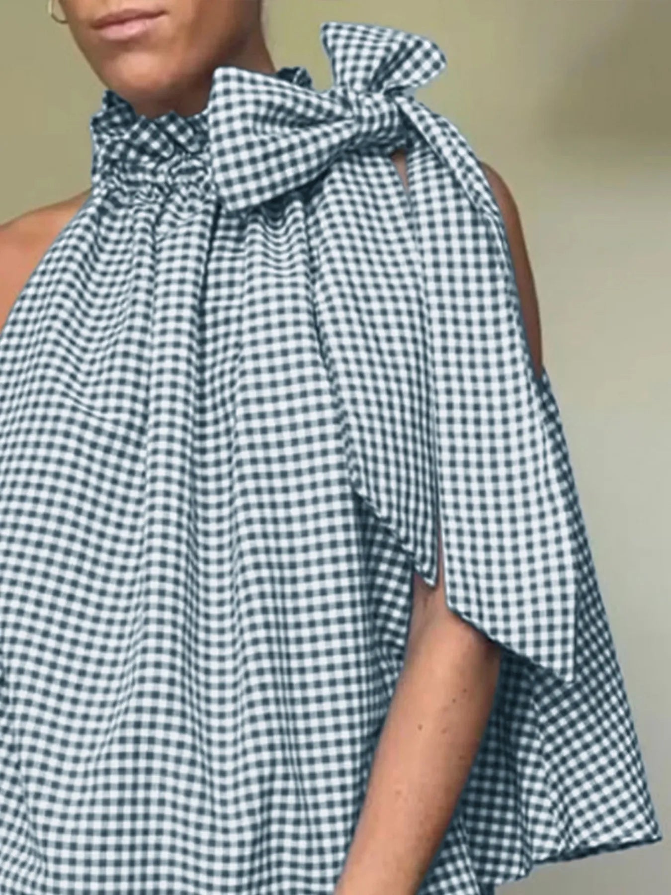 Asymmetric Gingham Bow Tie Sleeveless Top back view — Livostyle