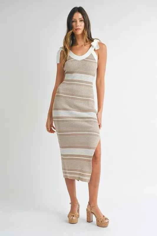 MABLE Striped Rib Knit Midi Dress