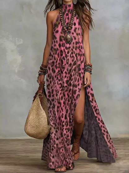 Leopard Print Sleeveless Maxi Dress with Side Slit in Dusty Pink