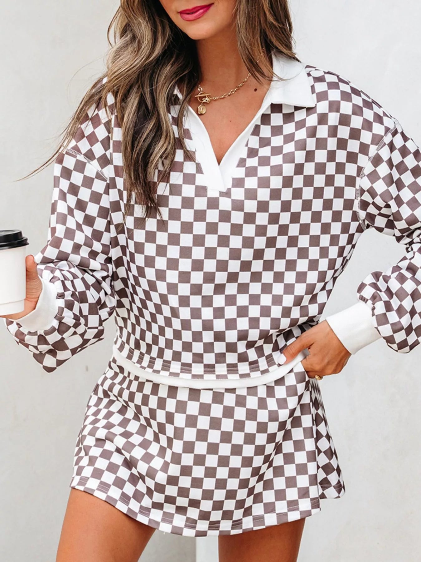 Checkered Print Polo Collar Cropped Long Sleeve Top and Drawstring Mini Skirt Set styling — Livostyle