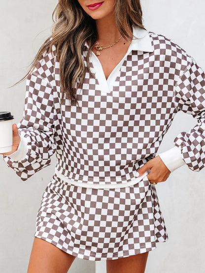 Checkered Print Polo Collar Cropped Long Sleeve Top and Drawstring Mini Skirt Set styling — Livostyle