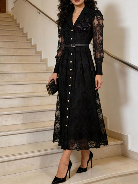 Lace Button-Front Midi Dress in Black