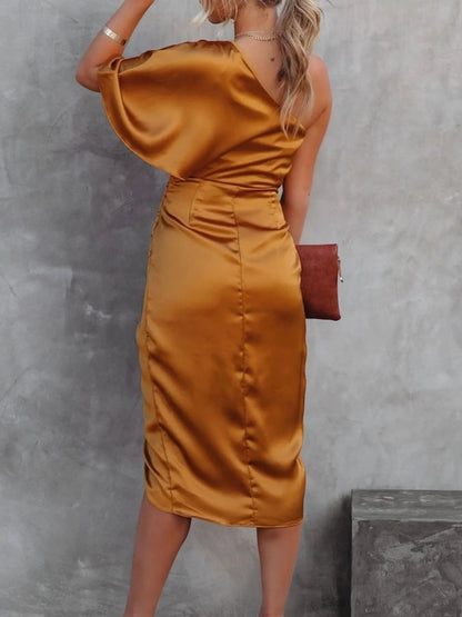 One-Shoulder Satin Wrap Dress with Side Slit – photo 4
