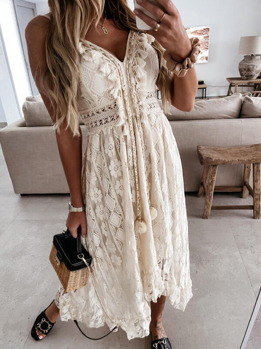 Ruffled Lace V-Neck Maxi Dress with Tassel – Plus Size