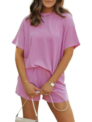 Ribbed Short Sleeve Top and Shorts Two-Piece Set in Purple