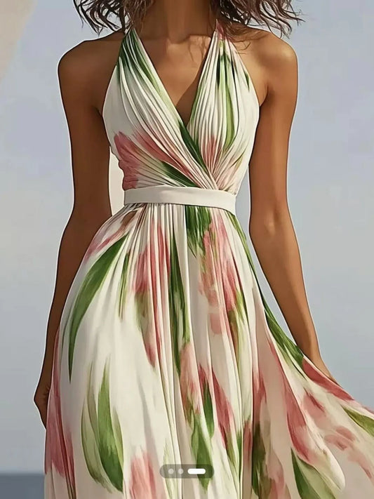 Floral Halter Neck Smocked Maxi Dress with Tie – photo 2
